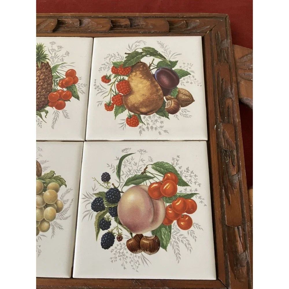 Vintage '70s Dal-Tile Carved Wooden Serving Tray with Ceramic Fruit Tiles Trivet